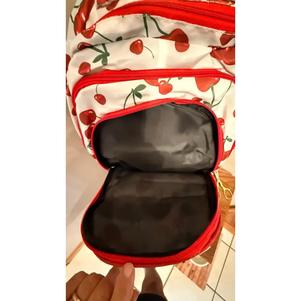 New white backpack cherry pattern.Padded back,multiple pockets,adjustable straps